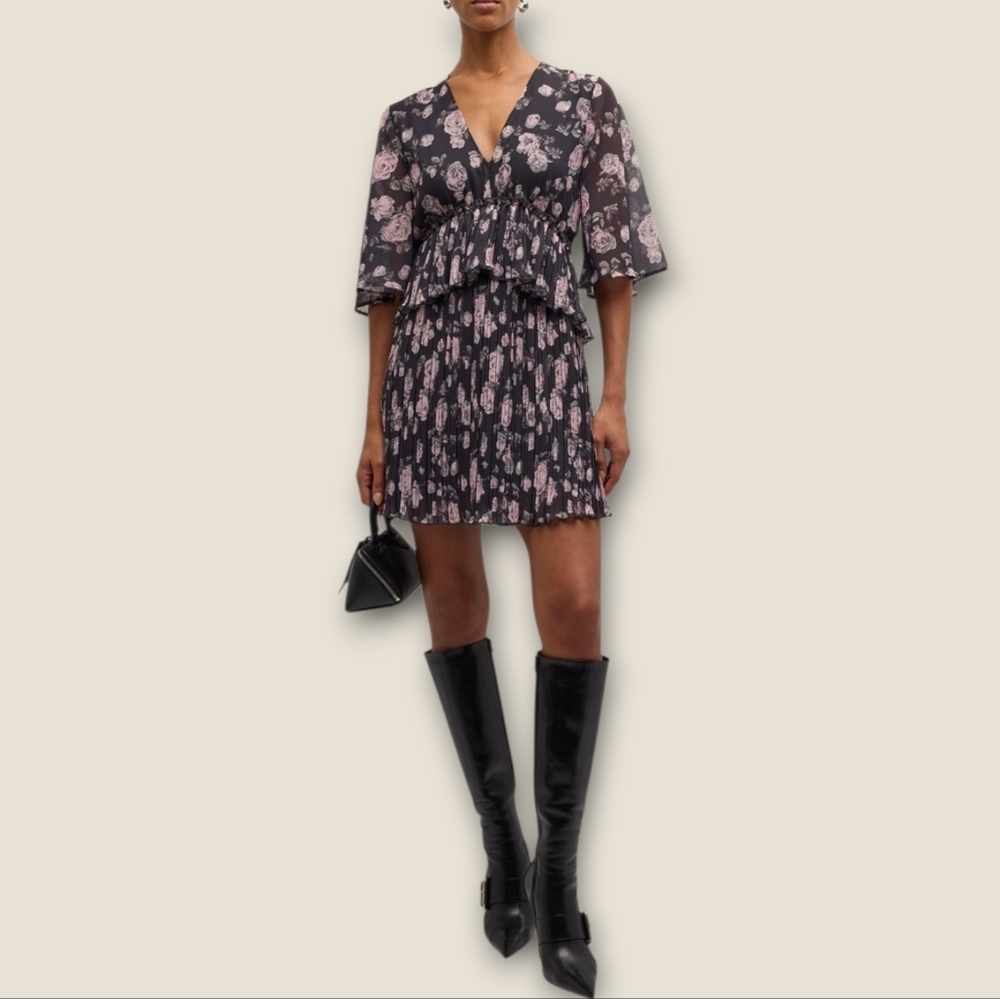 NWT GANNI Pleated Georgette V Neck Flounce Mini Dress In Phantom Floral Size 0